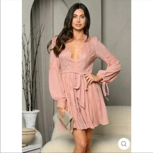 Blush Pink Lace Mini Dress | Long Sleeve Romantic Party & Wedding Guest